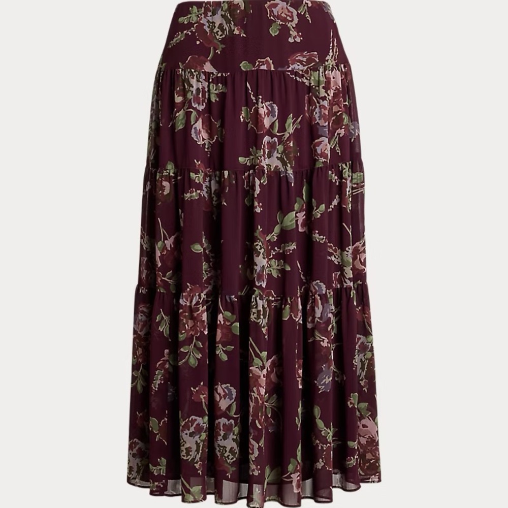 Ralph Lauren Floral Crinkle Georgette Tiered Skirt, Size 6